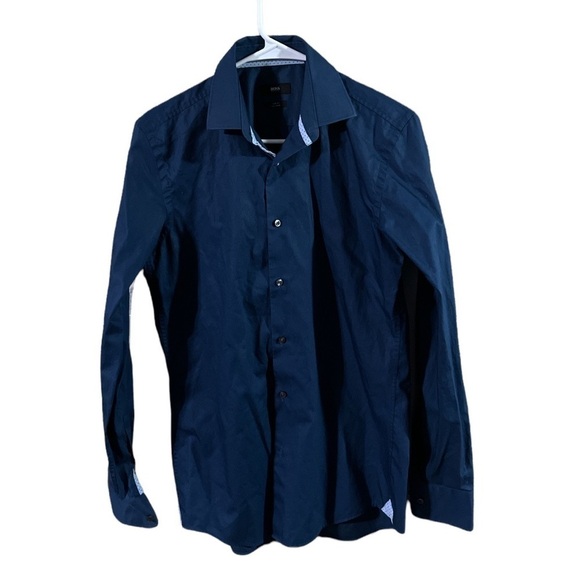 Hugo Boss Men's Jesse Slim Fit Easy Iron Cotton Solid Navy Blue Dress Shirt - Picture 1 of 3